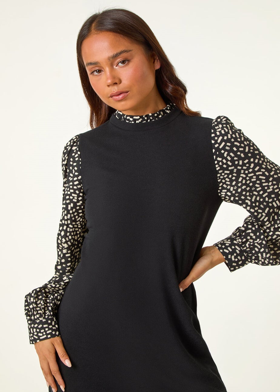 Roman Black Petite Contrast Frill Neck Stretch Dress