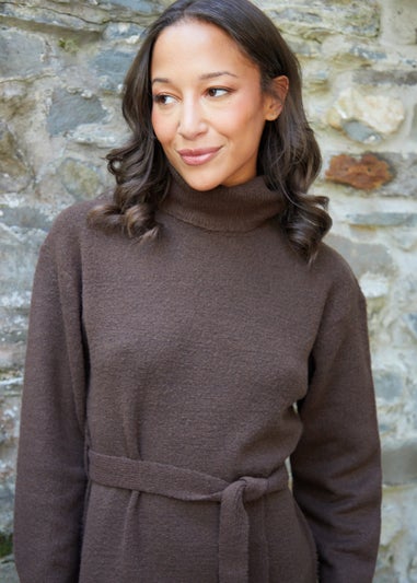 Threadbare Chocolate Brooklyn Belted Roll Neck Knitted Midi Jumper Dress