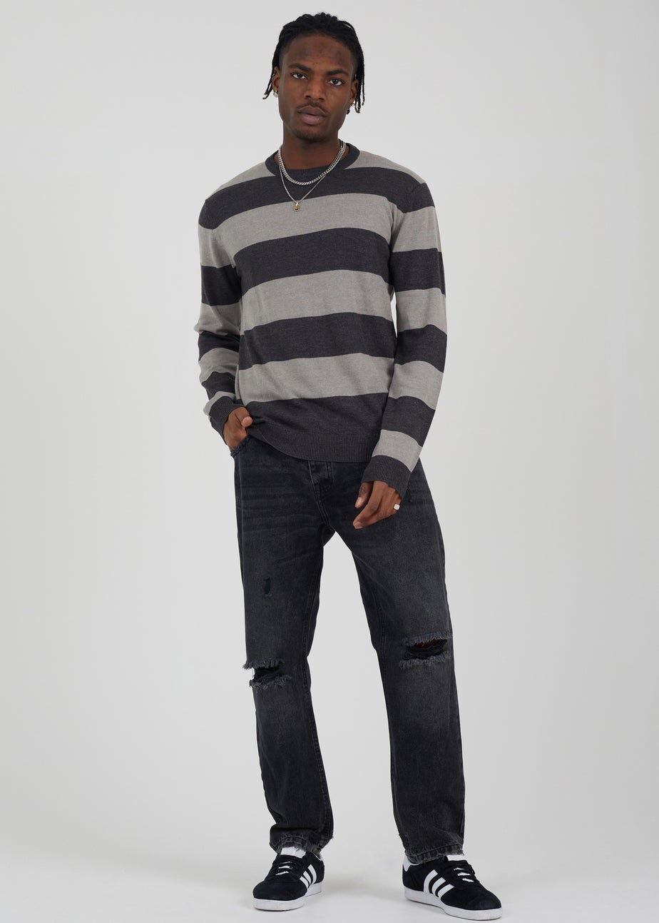 Brave Soul Charcoal Cotton Crew Neck Block Striped Knit Jumper