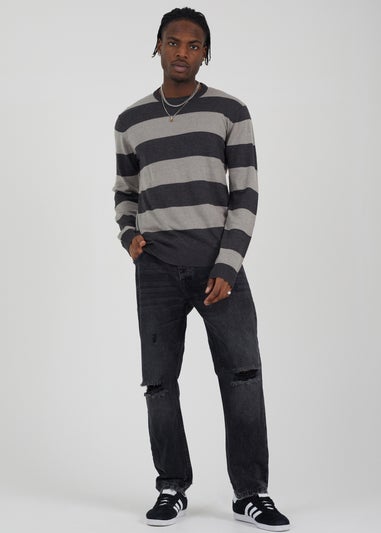 Brave Soul Charcoal Cotton Crew Neck Block Striped Knit Jumper