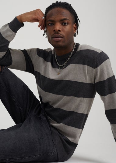 Brave Soul Charcoal Cotton Crew Neck Block Striped Knit Jumper