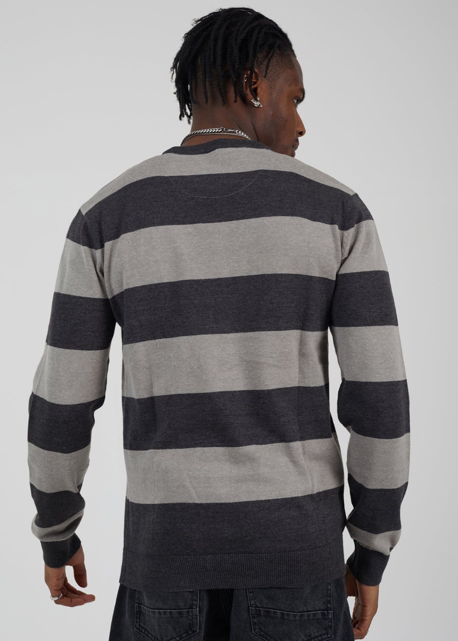 Brave Soul Charcoal Cotton Crew Neck Block Striped Knit Jumper