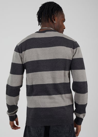 Brave Soul Charcoal Cotton Crew Neck Block Striped Knit Jumper