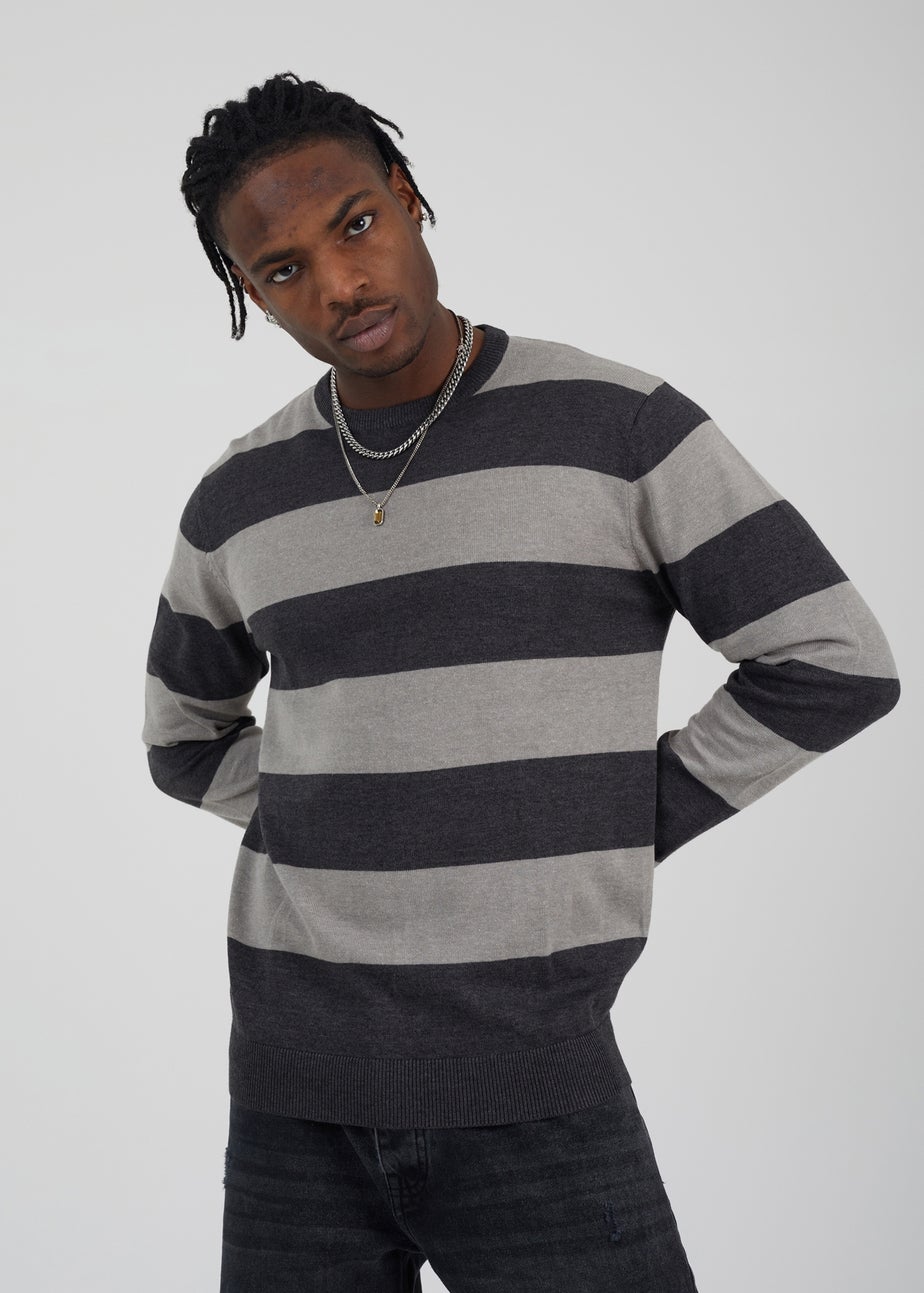 Brave Soul Charcoal Cotton Crew Neck Block Striped Knit Jumper