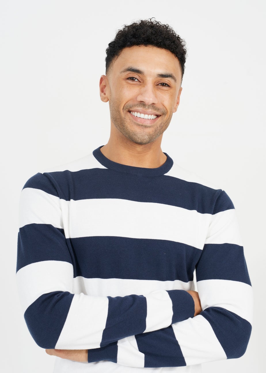 Brave Soul Navy Cotton Crew Neck Block Striped Knit Jumper
