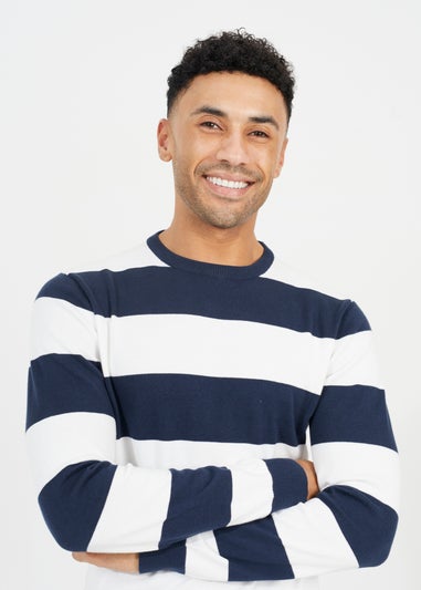 Brave Soul Navy Cotton Crew Neck Block Striped Knit Jumper