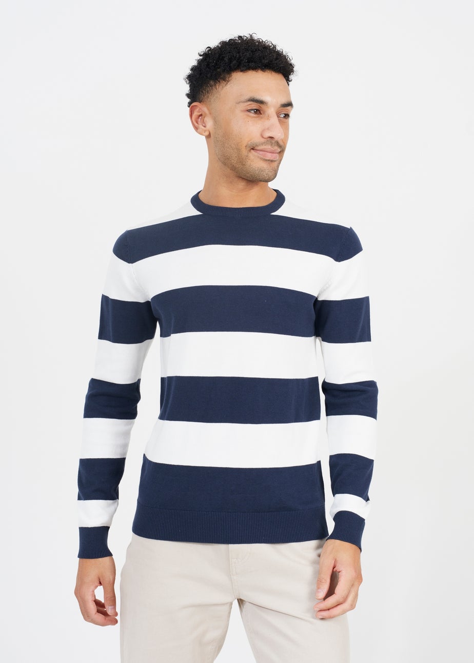 Brave Soul Navy Cotton Crew Neck Block Striped Knit Jumper