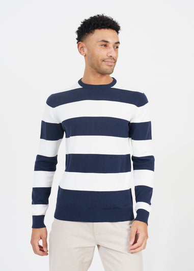 Brave Soul Navy Cotton Crew Neck Block Striped Knit Jumper