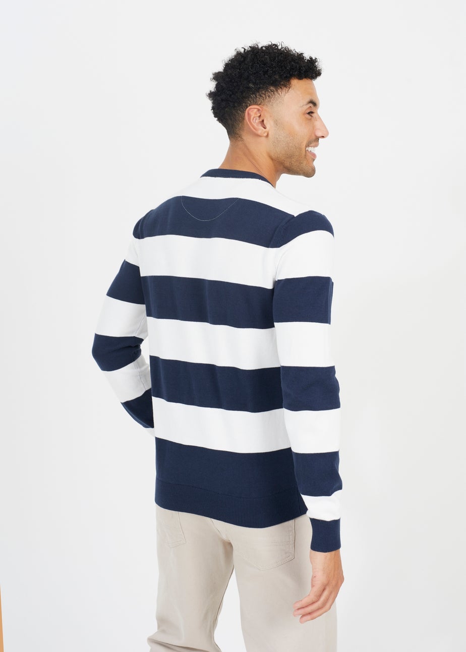 Brave Soul Navy Cotton Crew Neck Block Striped Knit Jumper