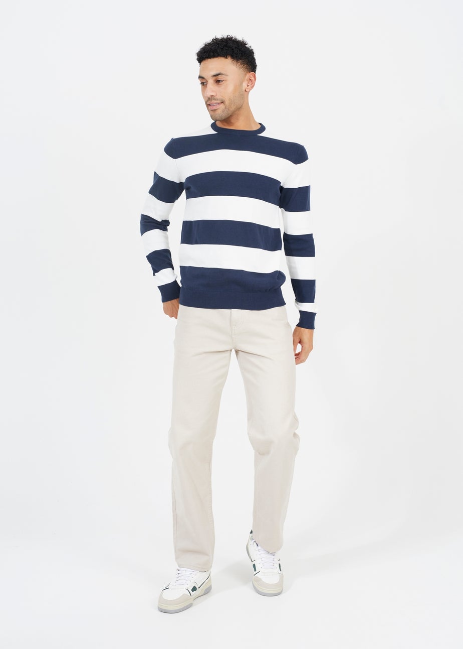Brave Soul Navy Cotton Crew Neck Block Striped Knit Jumper