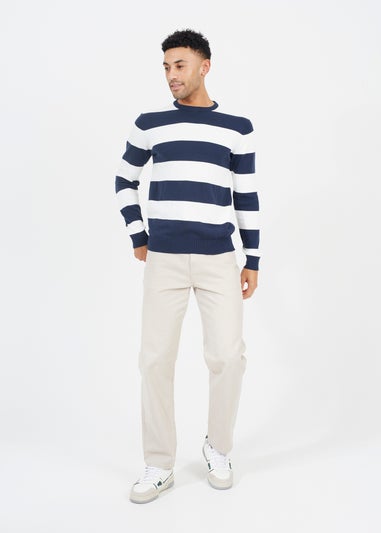 Brave Soul Navy Cotton Crew Neck Block Striped Knit Jumper