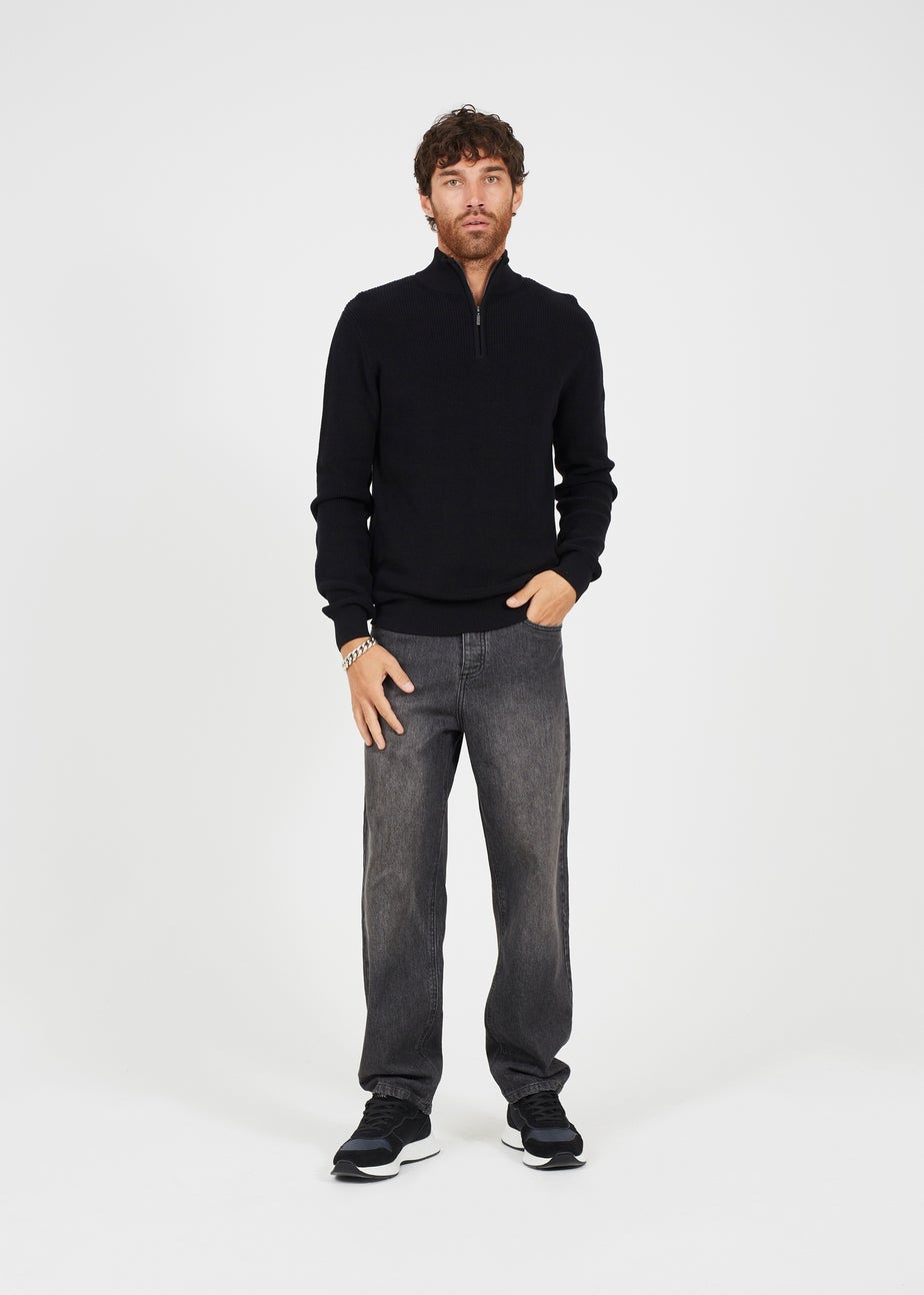 Brave Soul Black Cotton Zip Through Funnel Neck Knit Jumper