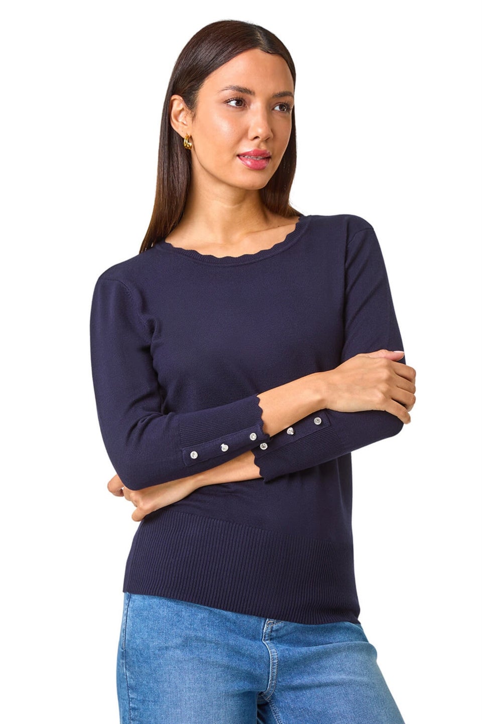 Roman Midnight Blue Diamante Button Scallop Edge Jumper