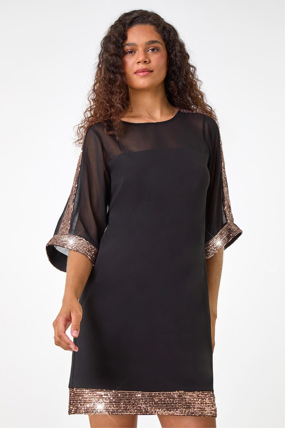 Roman Bronze Sequin Trim Shift Dress