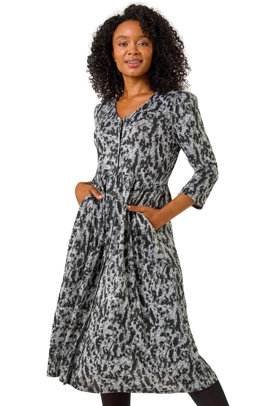 Roman Black Petite Floral Print Button Up Midi Dress