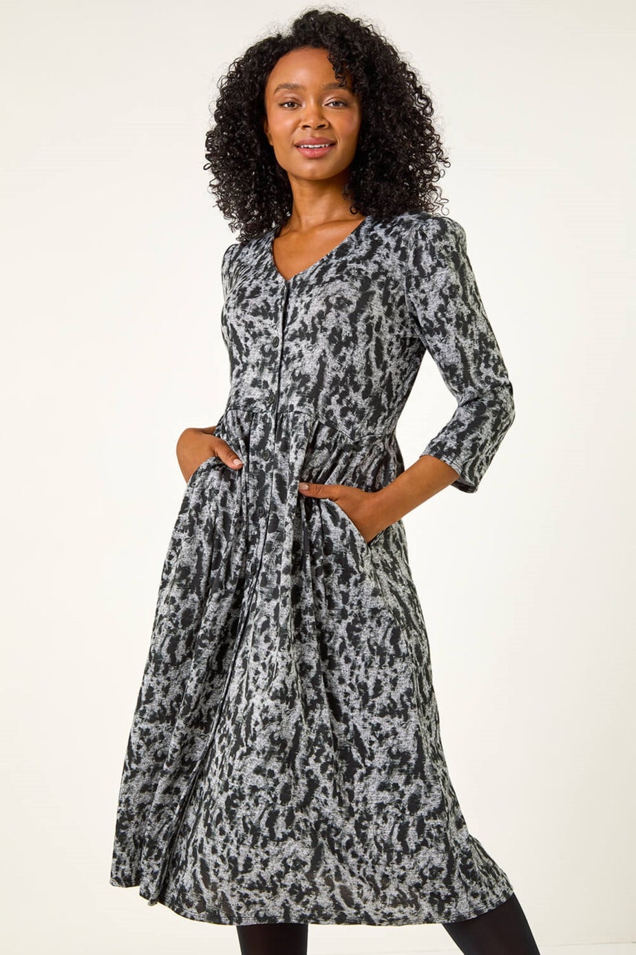 Roman Black Petite Floral Print Button Up Midi Dress