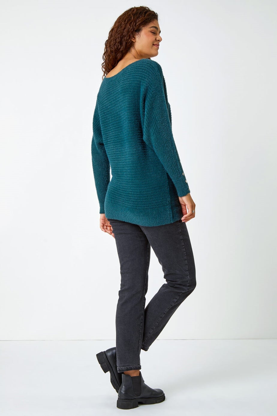 Roman Green Button Sleeve Fluffy Longline Jumper