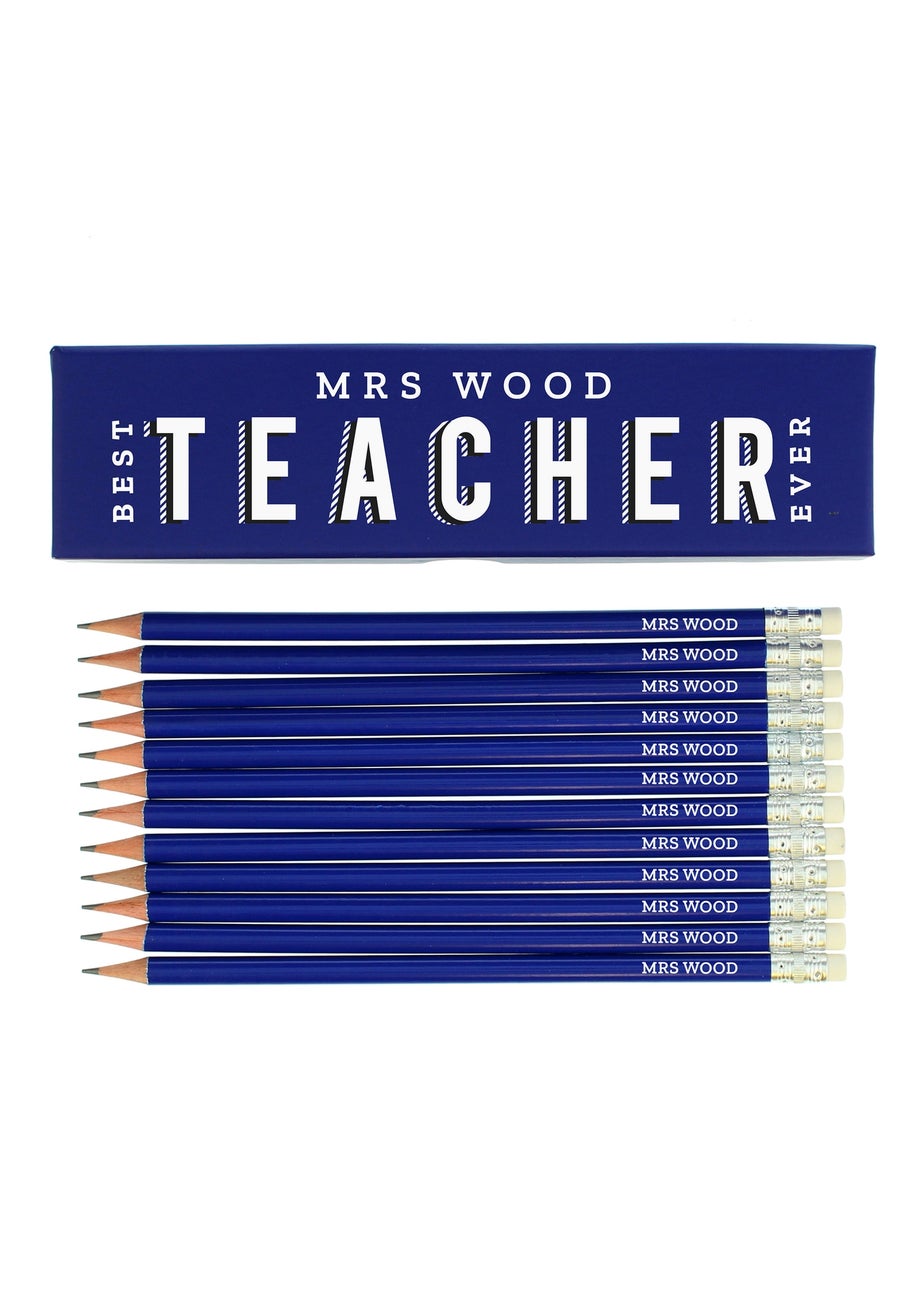 Personalised Memento Company Blue Best Teacher Ever Box with 12 Blue HB Pencils