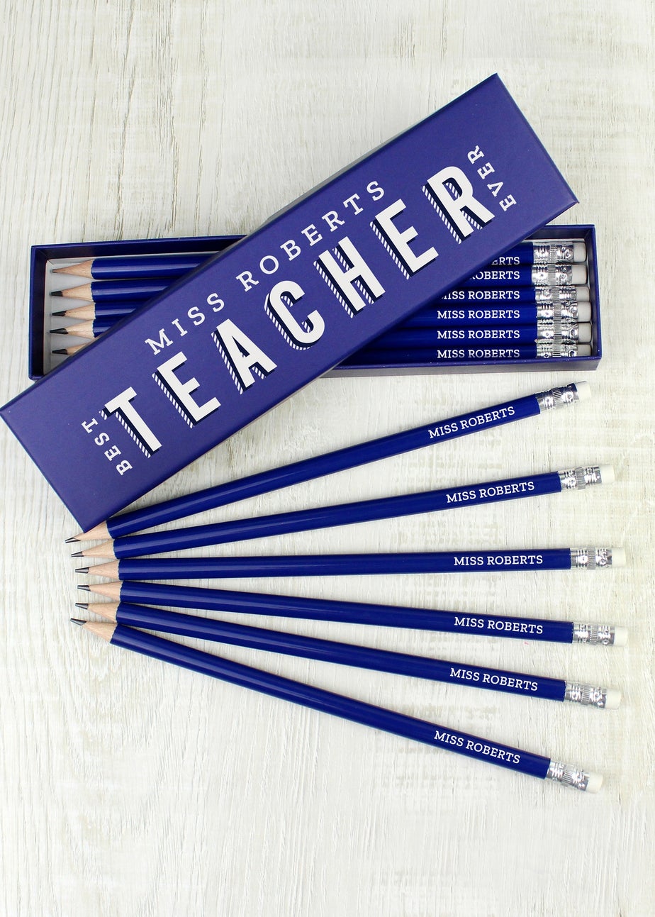 Personalised Memento Company Blue Best Teacher Ever Box with 12 Blue HB Pencils