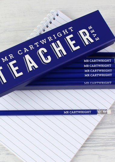 Personalised Memento Company Blue Best Teacher Ever Box with 12 Blue HB Pencils