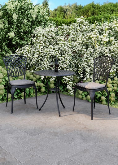 Charles Bentley Cast Aluminium Black Bistro Table & 2 Chairs Set (Dia. 70cm H68cm)