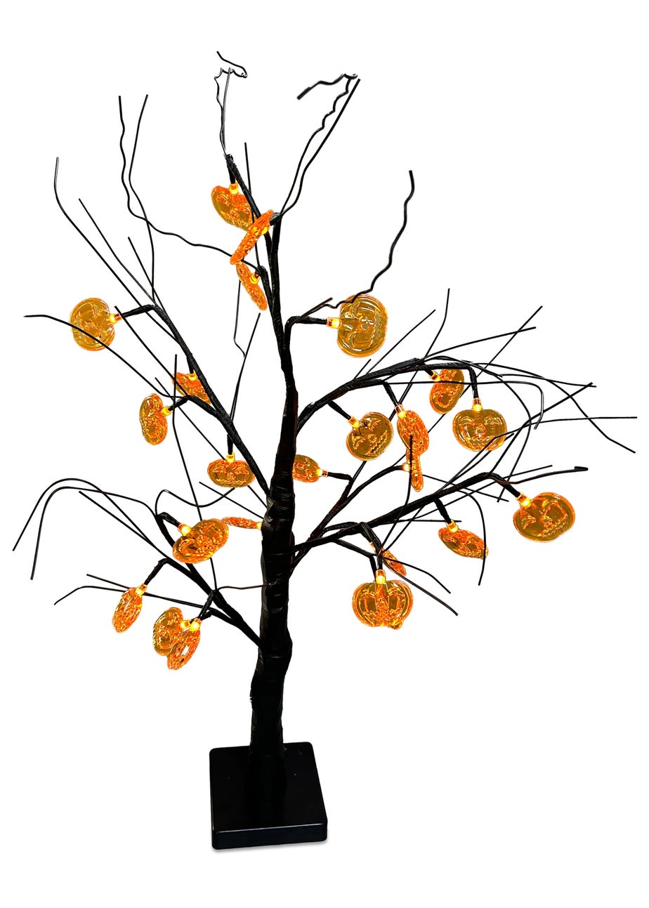 Premier Decorations Battery Operated Lit Black Tree with Pumpkins & 24 Warm White LEDs (60cm)