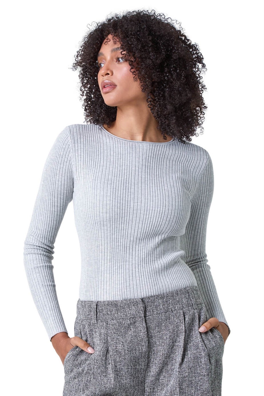 Roman Light Grey Soft Ribbed Stretch Knit Jumper
