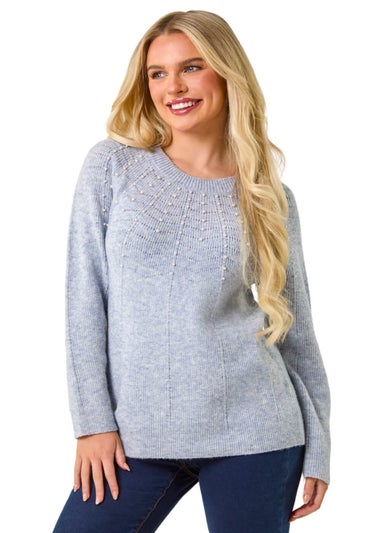 Roman Blue Petite Pearl Detail Knit Jumper
