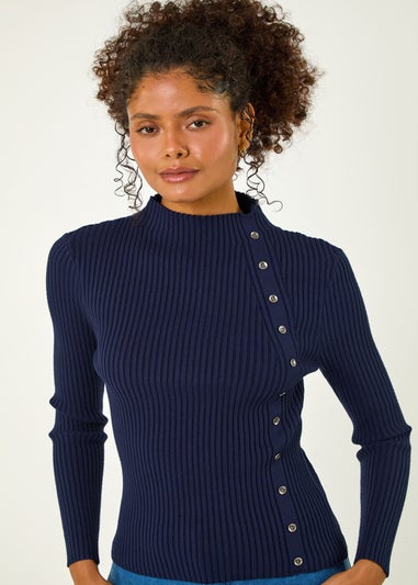 Dusk Navy Dusk High Neck Button Detail Rib Jumper