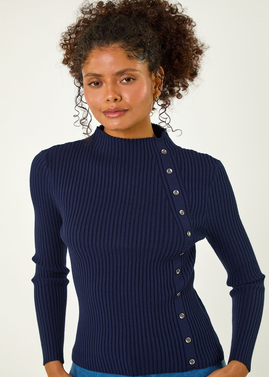 Dusk Navy Dusk High Neck Button Detail Rib Jumper