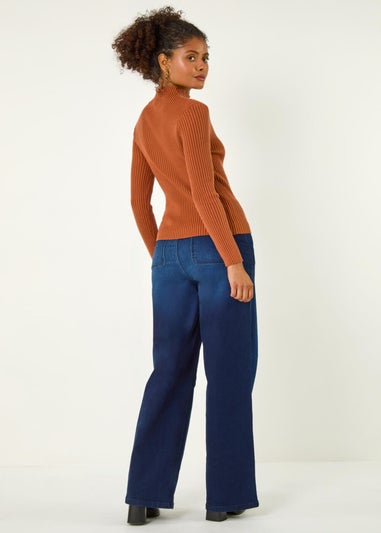 Dusk Mocha Dusk High Neck Button Detail Rib Jumper