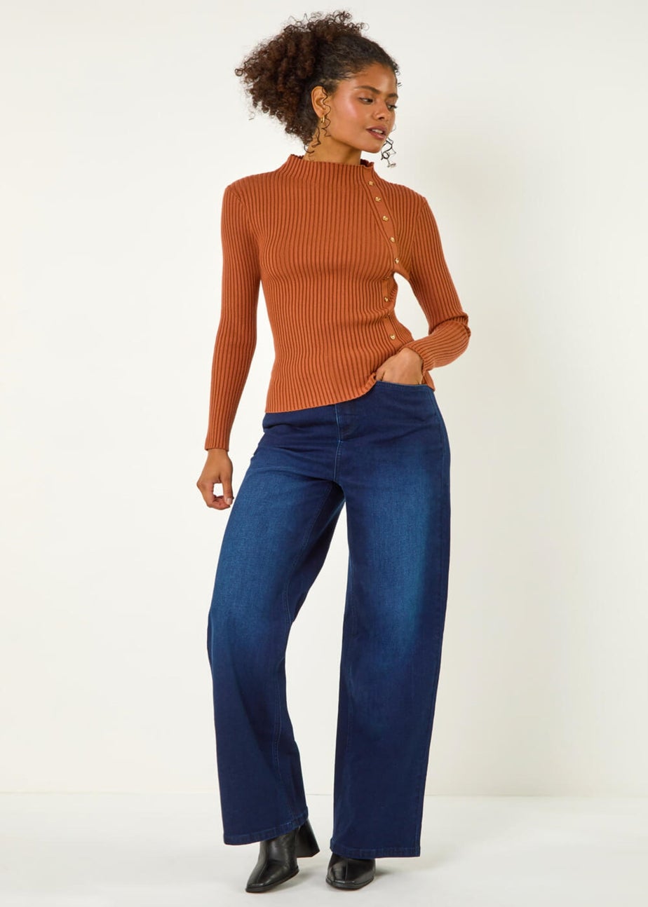 Dusk Mocha Dusk High Neck Button Detail Rib Jumper