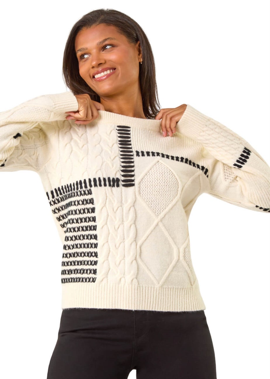 Roman Ivory Crew Neck Blanket Cable Knit Jumper