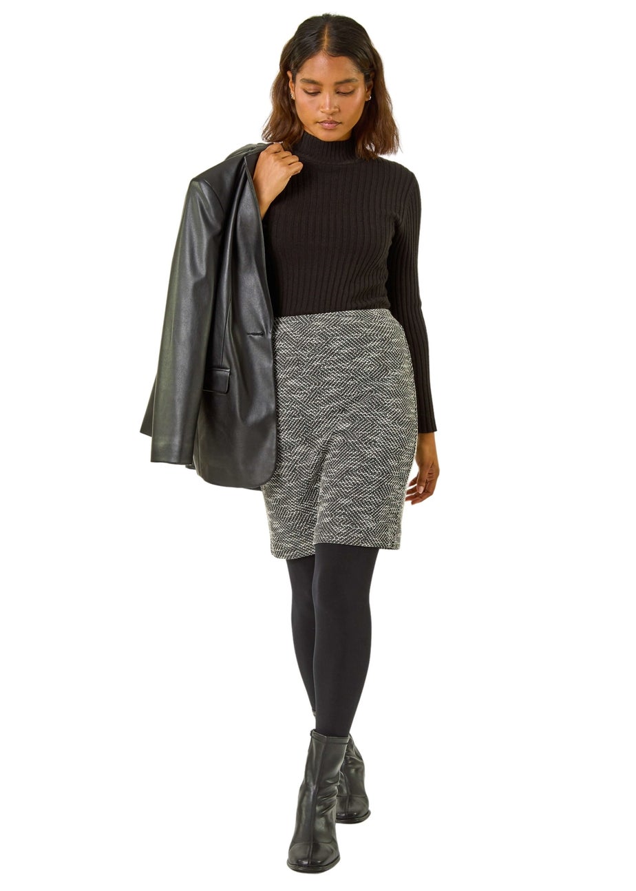 Roman Black Textured Stretch Knee Length Skirt