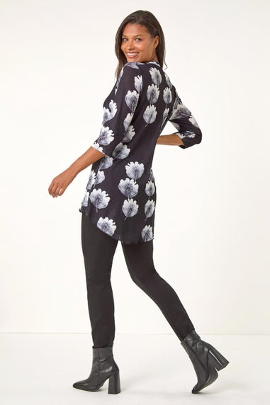 Roman Black Floral Print V-Neck Layer Tunic Top