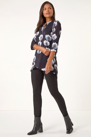 Roman Black Floral Print V-Neck Layer Tunic Top