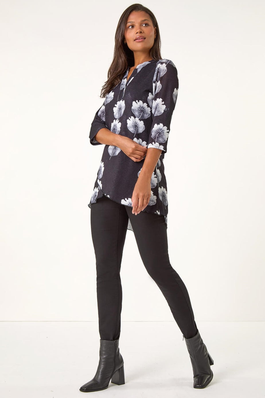 Roman Black Floral Print V-Neck Layer Tunic Top