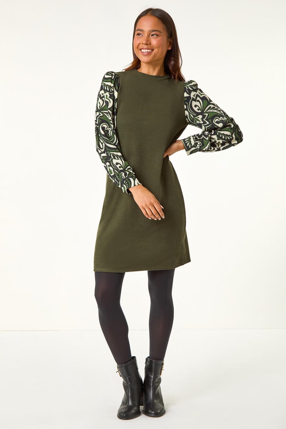 Roman Khaki Petite 2 in 1 Contrast Print Shift Dress