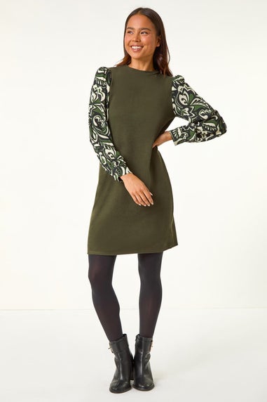 Roman Khaki Petite 2 in 1 Contrast Print Shift Dress