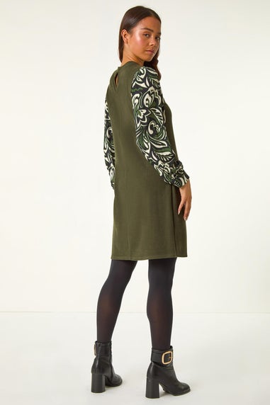 Roman Khaki Petite 2 in 1 Contrast Print Shift Dress