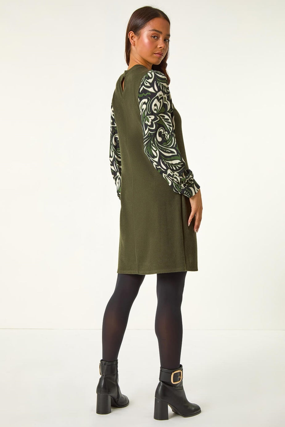 Roman Khaki Petite 2 in 1 Contrast Print Shift Dress