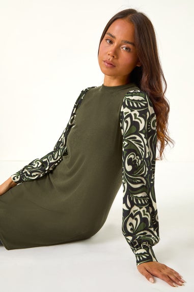 Roman Khaki Petite 2 in 1 Contrast Print Shift Dress