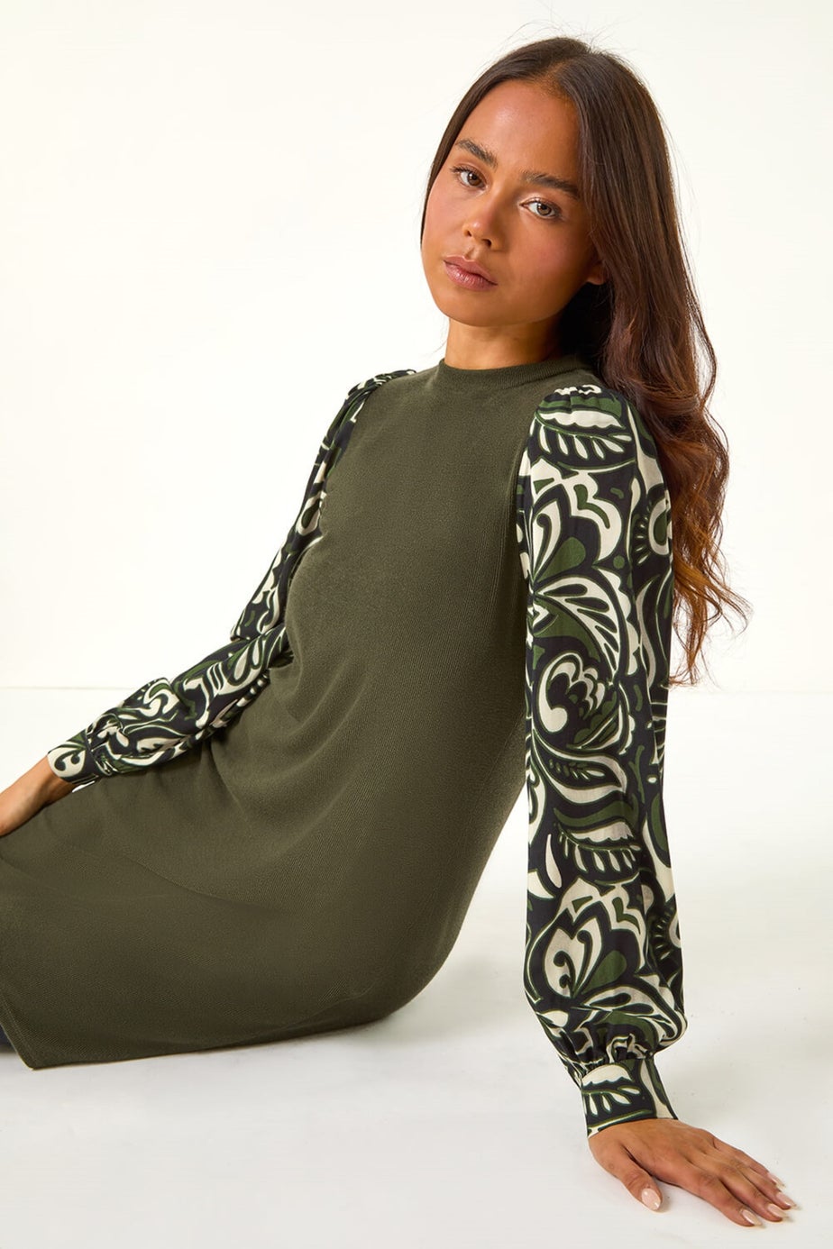 Roman Khaki Petite 2 in 1 Contrast Print Shift Dress