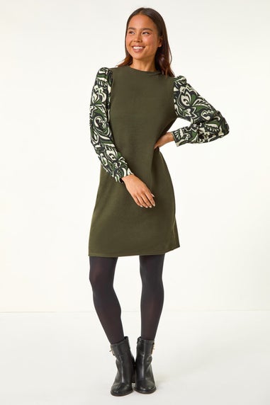 Roman Khaki Petite 2 in 1 Contrast Print Shift Dress