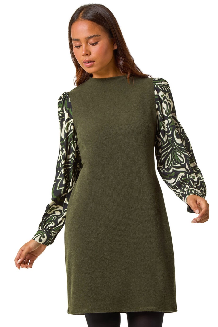 Roman Khaki Petite 2 in 1 Contrast Print Shift Dress