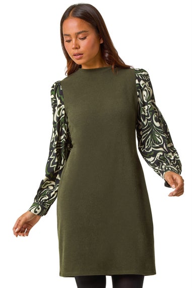 Roman Khaki Petite 2 in 1 Contrast Print Shift Dress