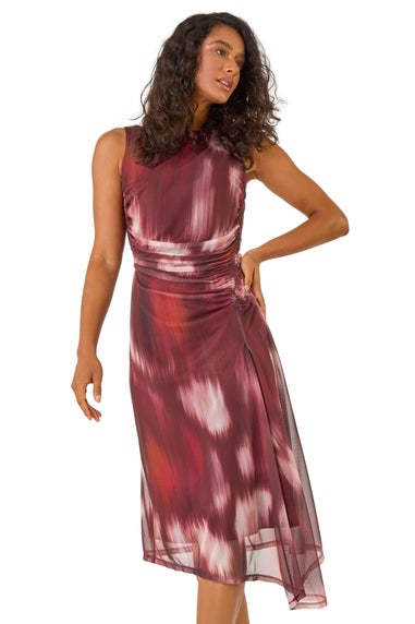 Roman Red Abstract Asymmetric Midi Stretch Dress