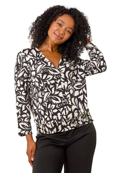 Roman Black Petite Shirred Hem Top