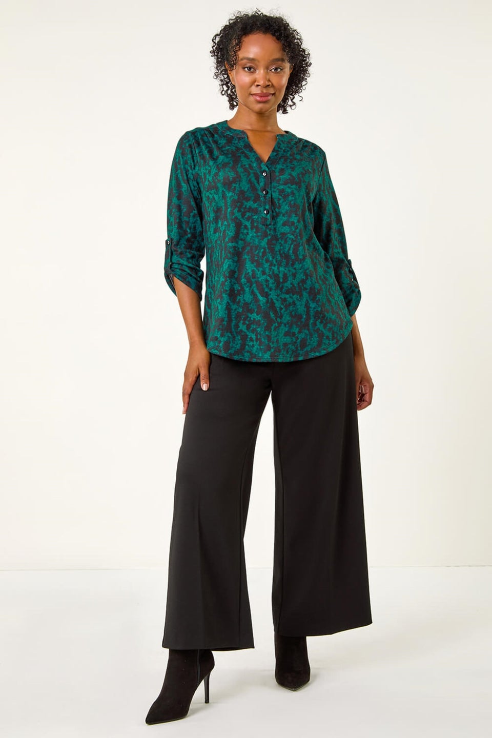 Roman Green Petite Floral Button Detail Top