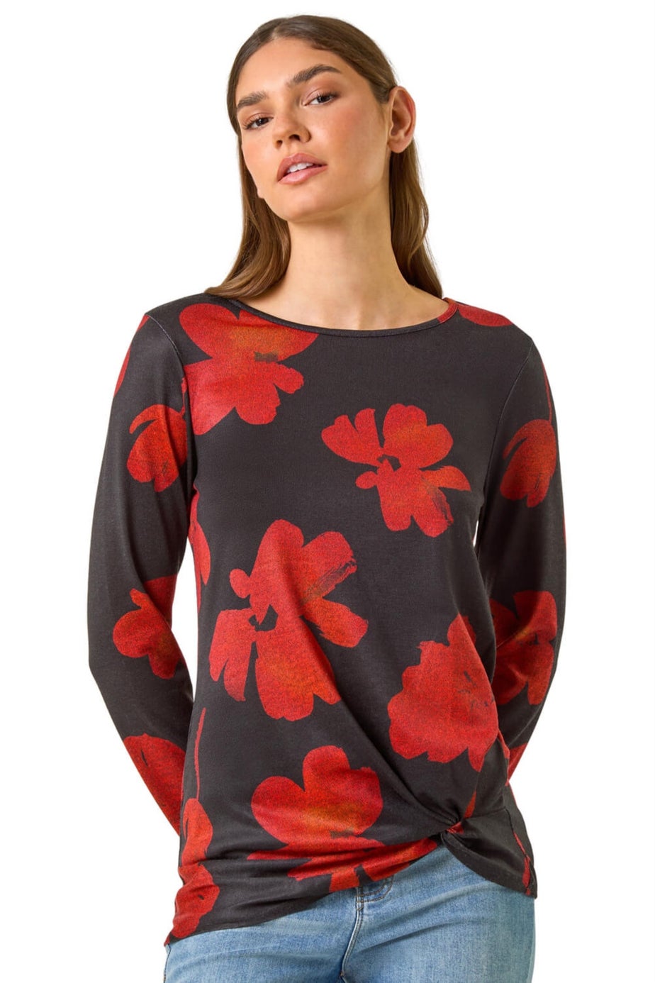 Roman Red Floral Print Stretch Hem Top